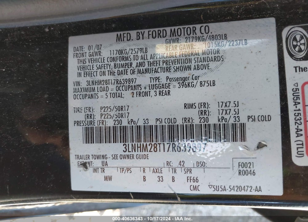 2007 LINCOLN MKZ VIN: 3LNHM28T17R639897
