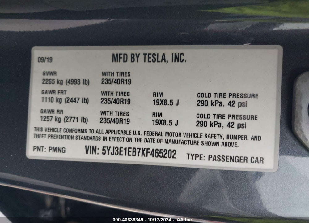 2019 TESLA MODEL 3 LONG RANGE/PERFORMANCE VIN: 5YJ3E1EB7KF465202