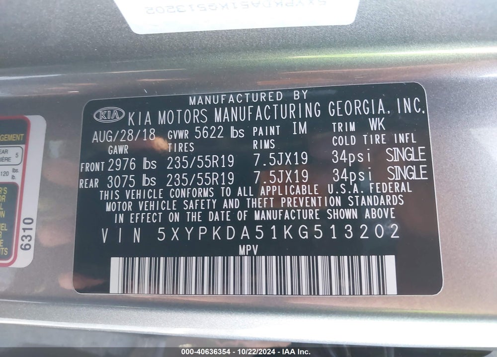 2019 KIA SORENTO 3.3L SXL VIN: 5XYPKDA51KG513202