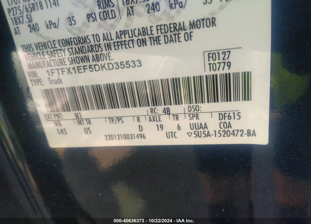 2013 FORD F-150 XLT VIN: 1FTFX1EF5DKD35533
