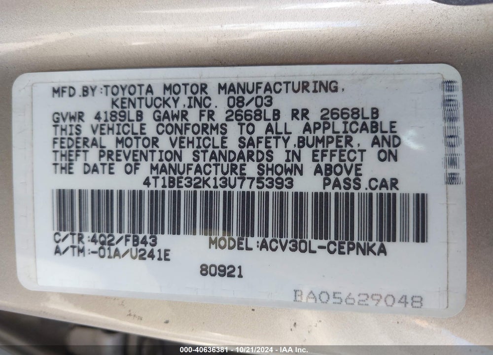 2003 TOYOTA CAMRY LE VIN: 4T1BE32K13U775393