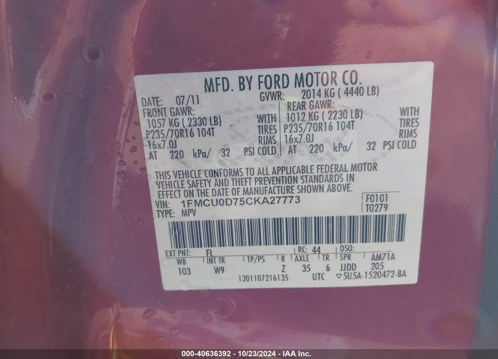 2012 FORD ESCAPE XLT VIN: 1FMCU0D75CKA27773