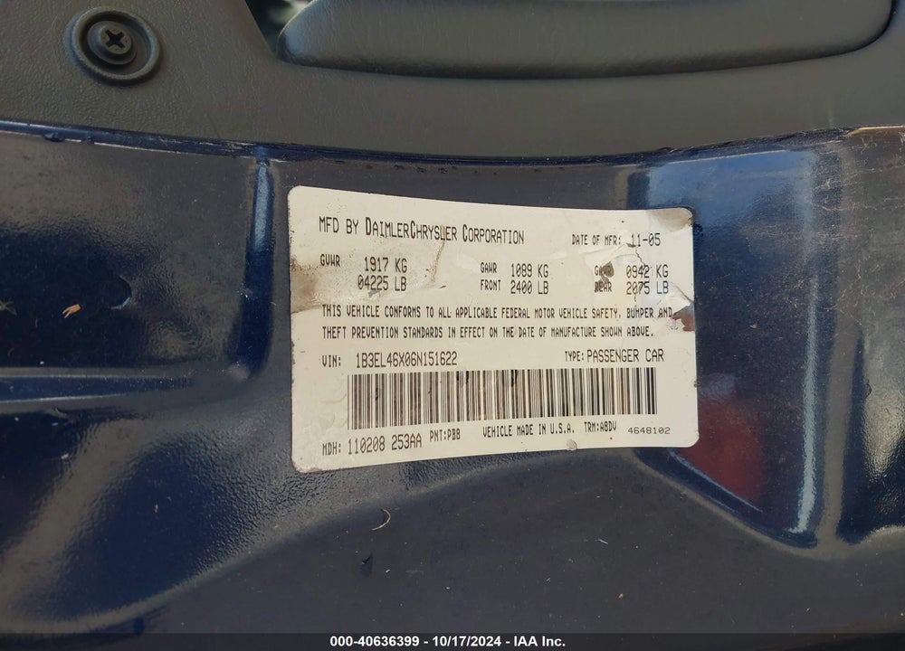 2006 DODGE STRATUS VIN: 1B3EL46X06N151622
