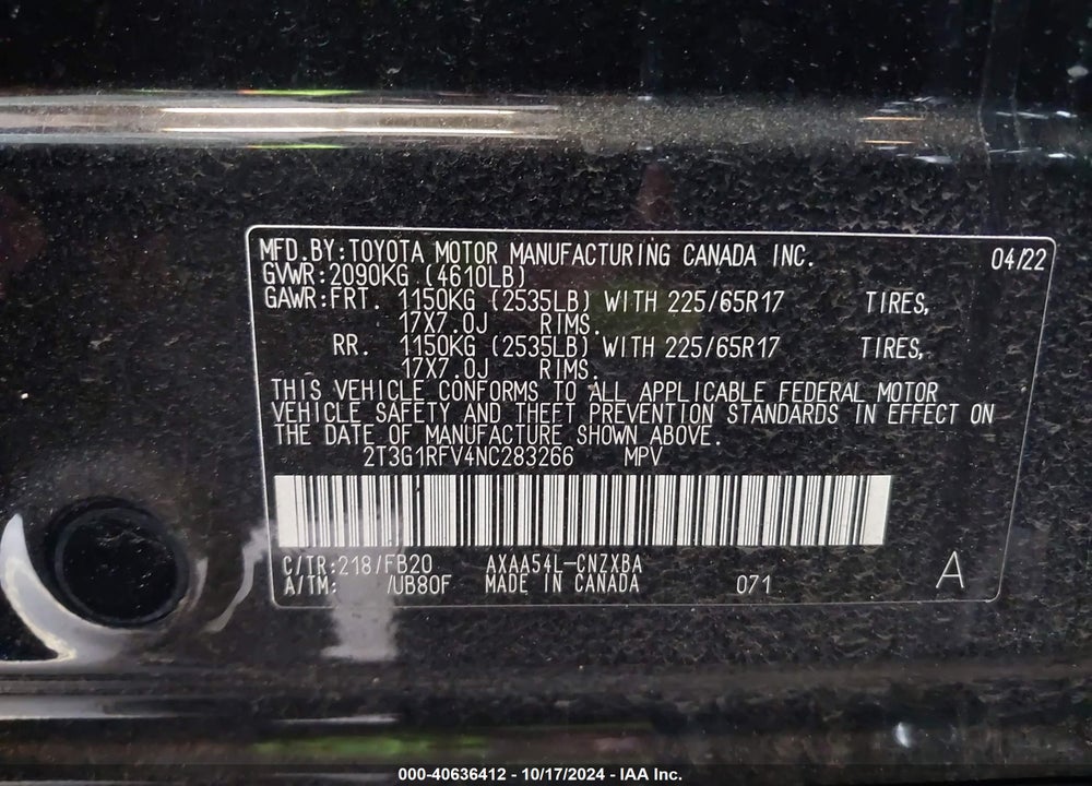 2022 TOYOTA RAV4 LE VIN: 2T3G1RFV4NC283266