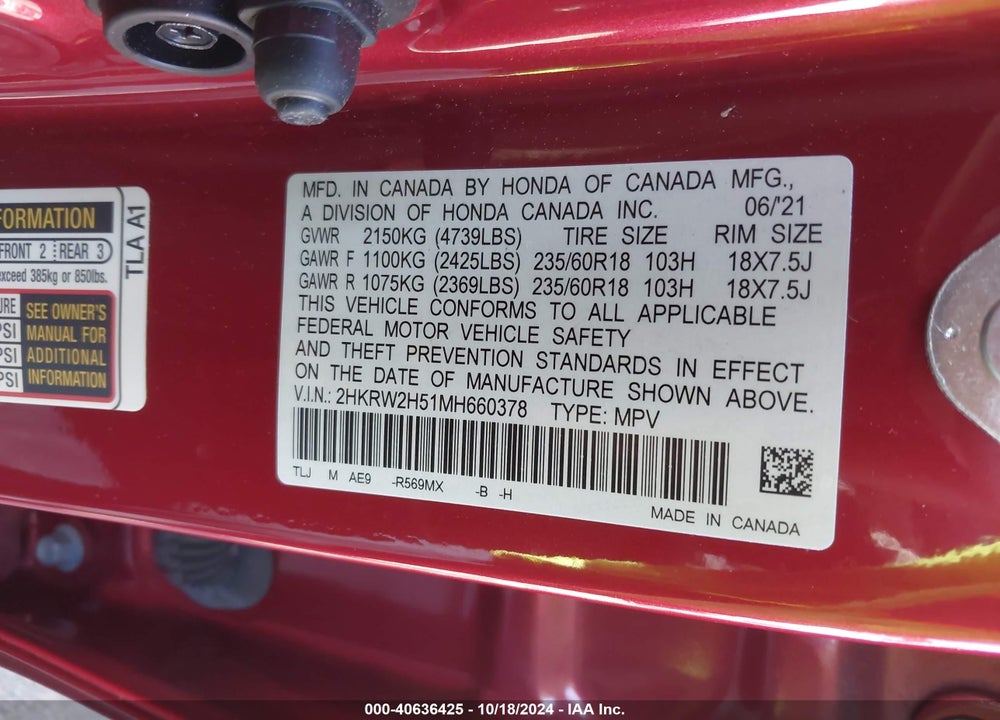 2021 HONDA CR-V AWD EX VIN: 2HKRW2H51MH660378
