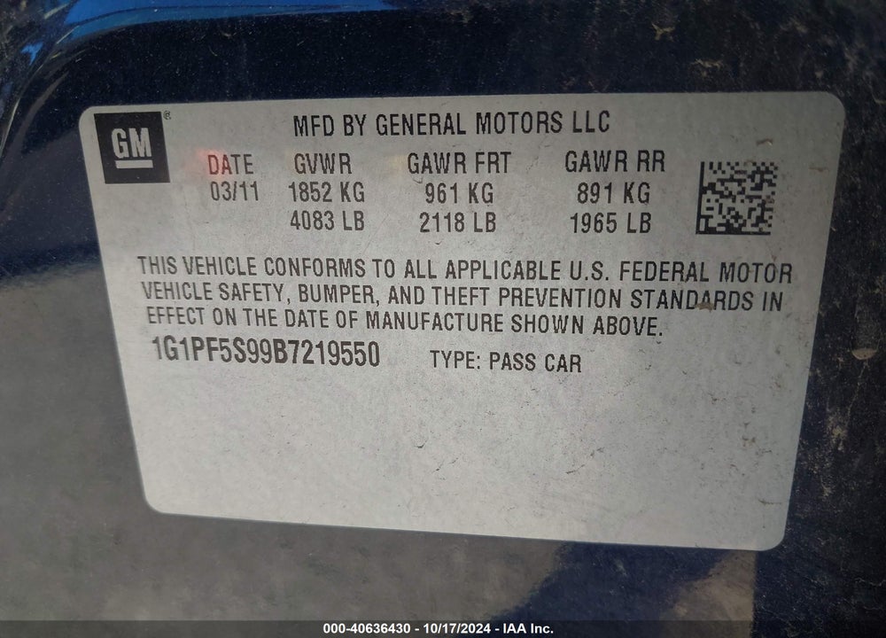 2011 CHEVROLET CRUZE 1LT VIN: 1G1PF5S99B7219550