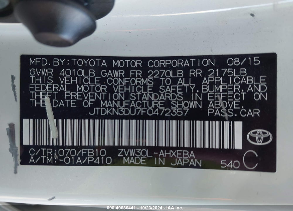 2015 TOYOTA PRIUS TWO VIN: JTDKN3DU7F0472357