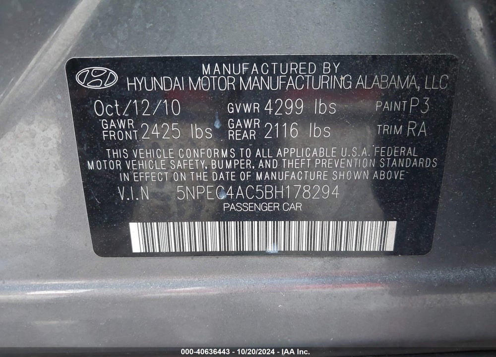 2011 HYUNDAI SONATA SE VIN: 5NPEC4AC5BH178294