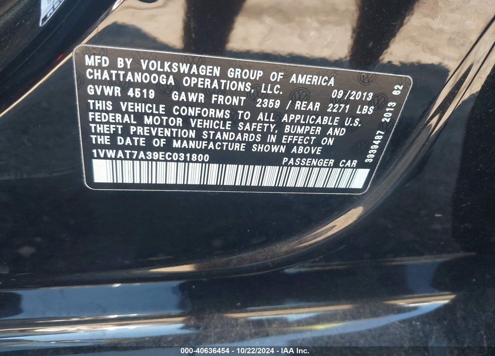 2014 VOLKSWAGEN PASSAT 1.8T WOLFSBURG EDITION VIN: 1VWAT7A39EC031800