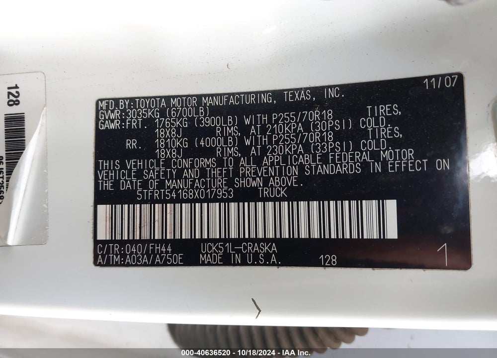 2008 TOYOTA TUNDRA BASE 4.7L V8 VIN: 5TFRT54168X017953