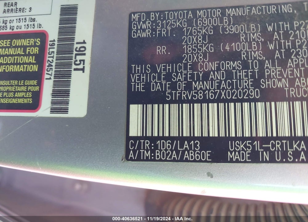 2007 TOYOTA TUNDRA LIMITED 5.7L V8 VIN: 5TFRV58167X020290