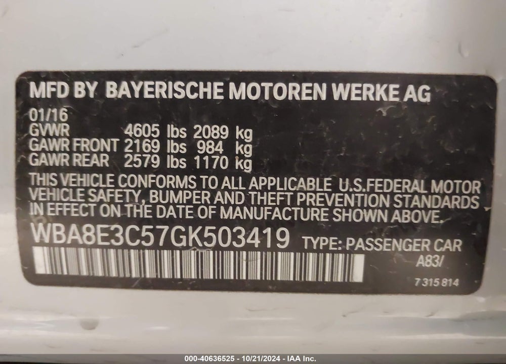 2016 BMW 328I VIN: WBA8E3C57GK503419