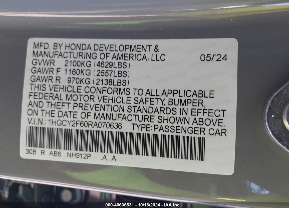2024 HONDA ACCORD HYBRID EX-L VIN: 1HGCY2F60RA070636
