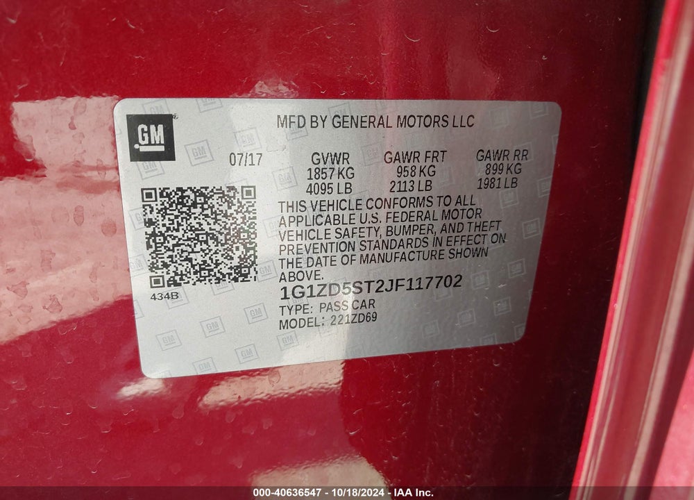 2018 CHEVROLET MALIBU LT VIN: 1G1ZD5ST2JF117702
