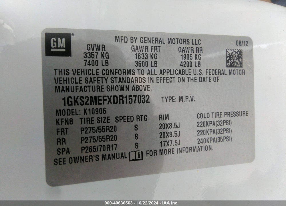 2013 GMC YUKON XL 1500 DENALI VIN: 1GKS2MEFXDR157032