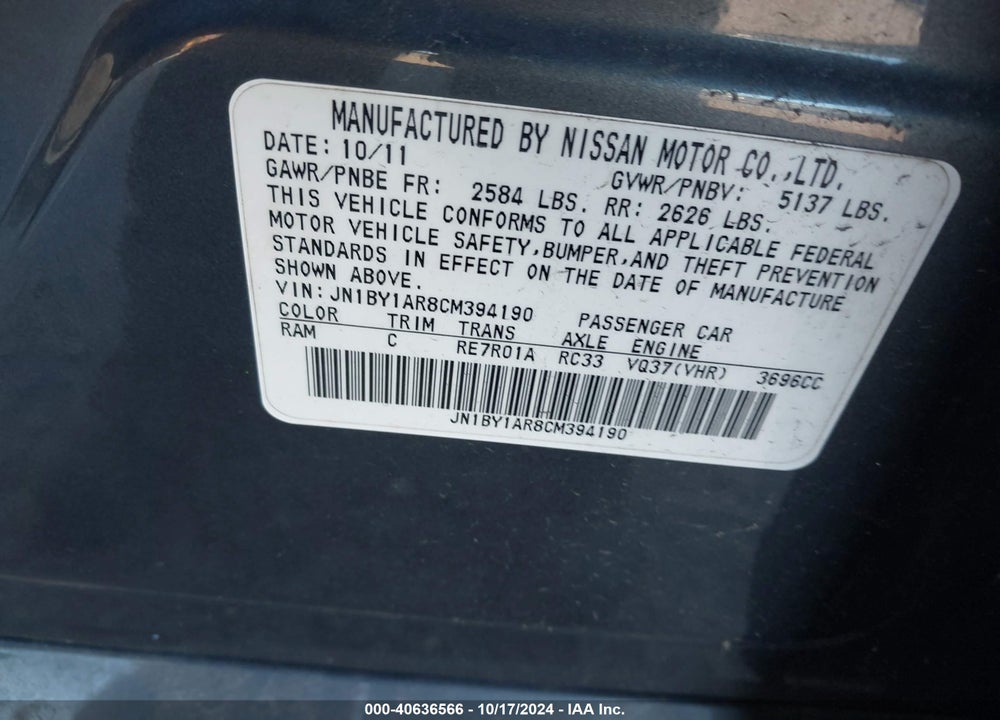 2012 INFINITI M37X VIN: JN1BY1AR8CM394190