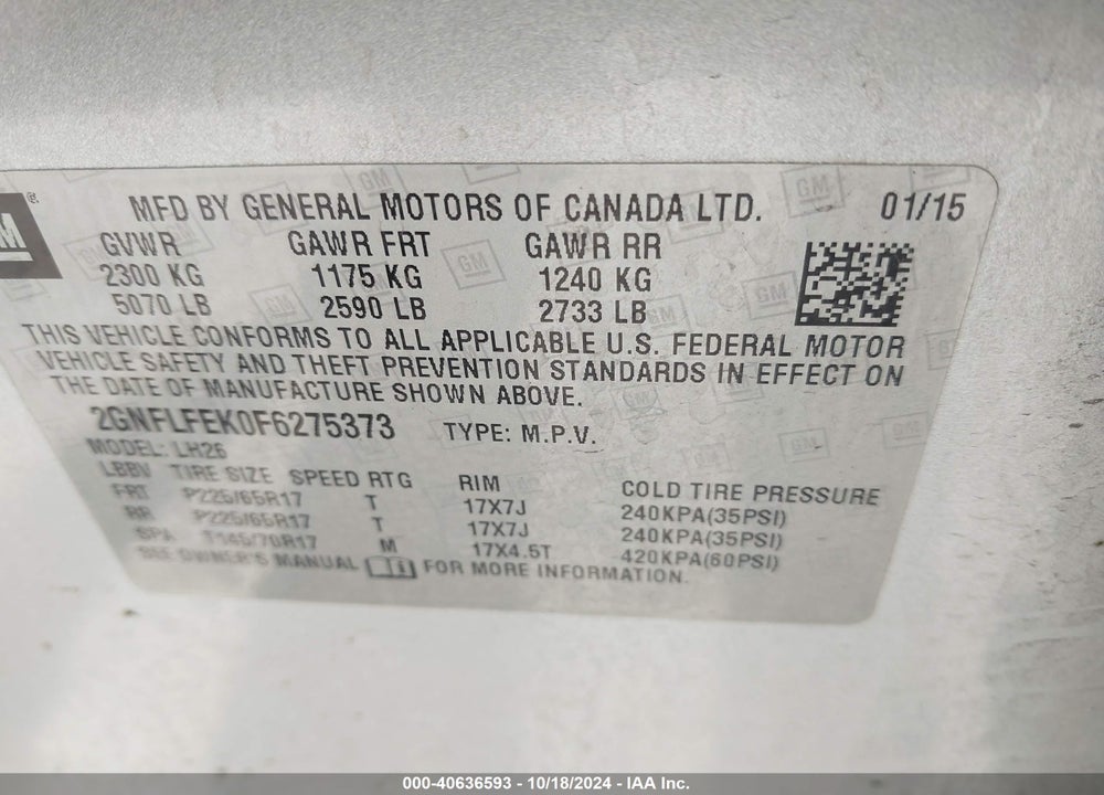 2015 CHEVROLET EQUINOX 1LT VIN: 2GNFLFEK0F6275373