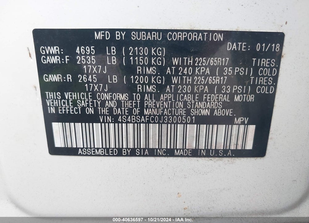2018 SUBARU OUTBACK 2.5I PREMIUM VIN: 4S4BSAFC0J3300501