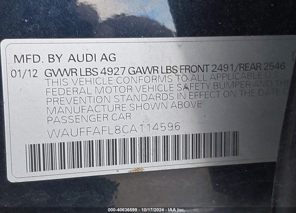 2012 AUDI A4 2.0T PREMIUM VIN: WAUFFAFL8CA114596