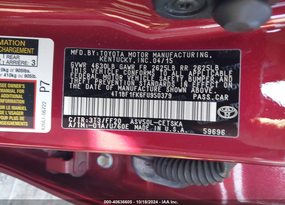 2015 TOYOTA CAMRY SE VIN: 4T1BF1FK6FU950379