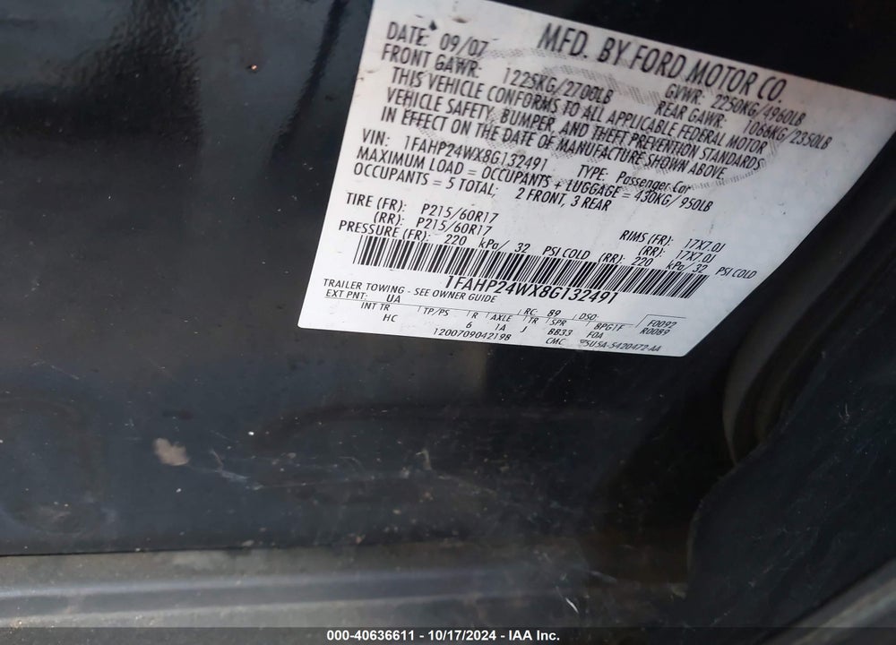 2008 FORD TAURUS SEL VIN: 1FAHP24WX8G132491