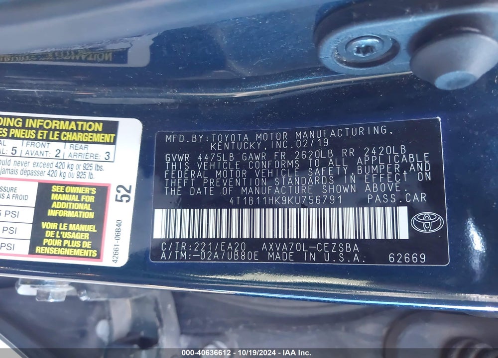 2019 TOYOTA CAMRY SE VIN: 4T1B11HK9KU756791