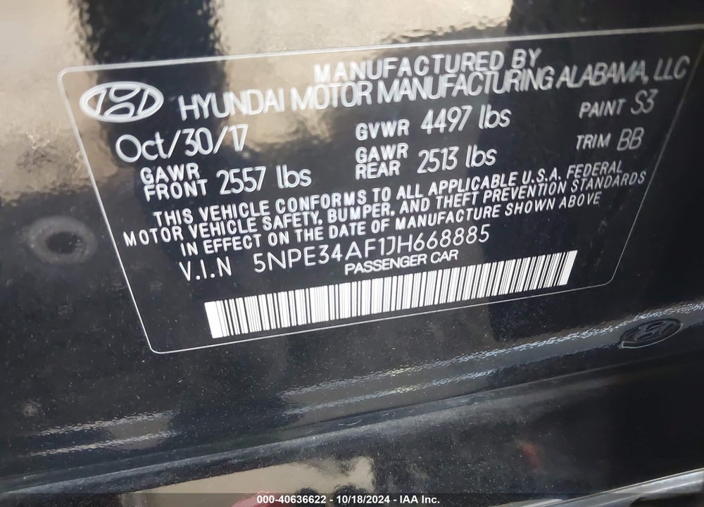 2018 HYUNDAI SONATA SEL VIN: 5NPE34AF1JH668885