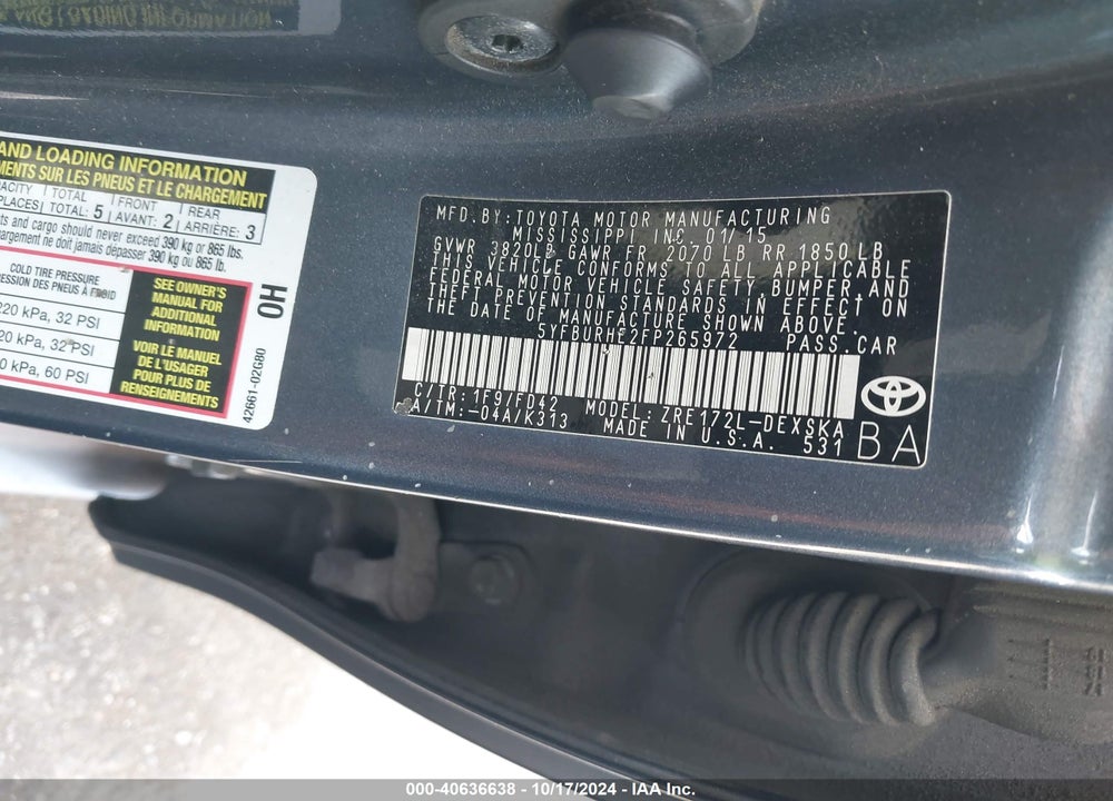 2015 TOYOTA COROLLA S PLUS VIN: 5YFBURHE2FP265972