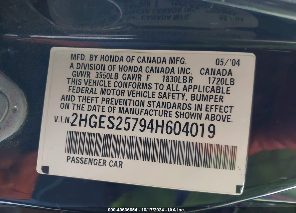 2004 HONDA CIVIC EX VIN: 2HGES25794H604019