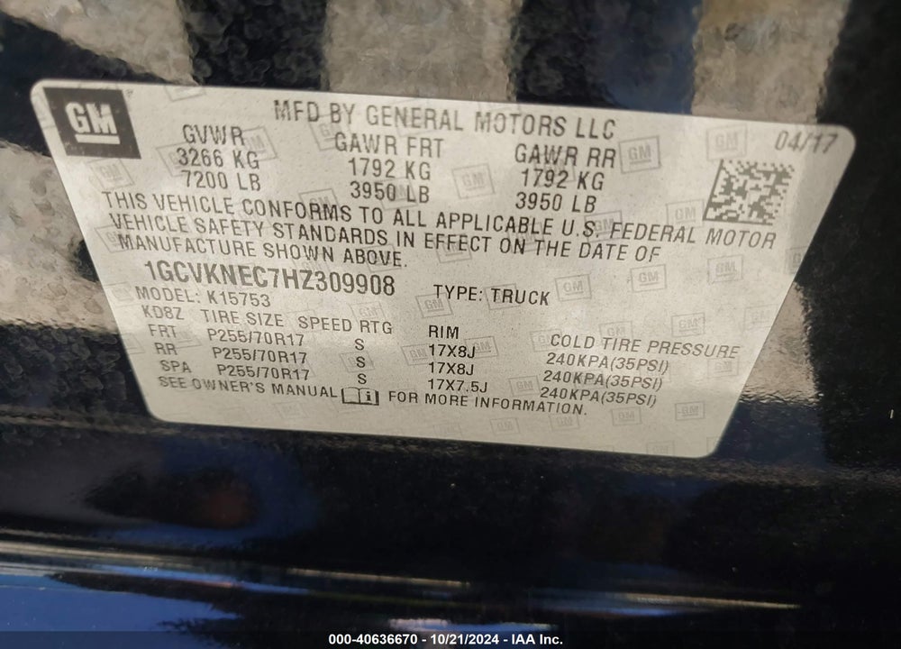 2017 CHEVROLET SILVERADO 1500 LS VIN: 1GCVKNEC7HZ309908