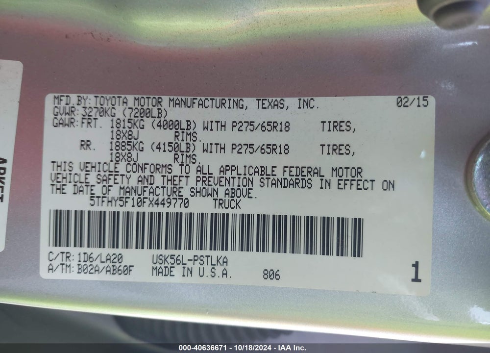 2015 TOYOTA TUNDRA LIMITED 5.7L V8 VIN: 5TFHY5F10FX449770