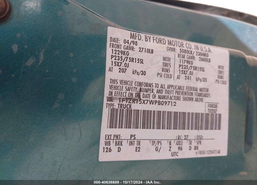 1998 FORD RANGER SPLASH/XL/XLT VIN: 1FTZR15X7WPB09712