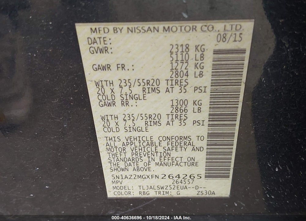 2015 NISSAN MURANO PLATINUM VIN: 5N1AZ2MGXFN264265