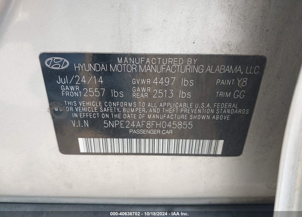 2015 HYUNDAI SONATA SE VIN: 5NPE24AF8FH045855