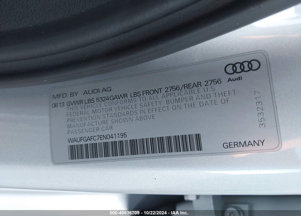 2014 AUDI A6 3.0T PREMIUM PLUS VIN: WAUFGAFC7EN041195