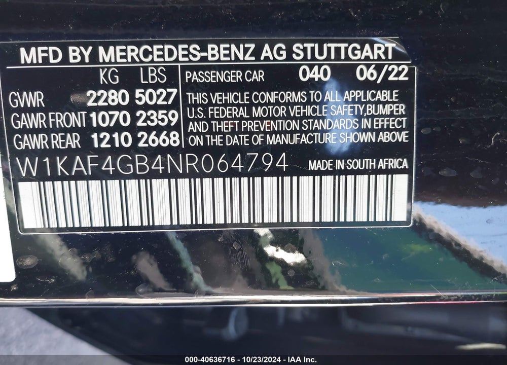 2022 MERCEDES-BENZ C 300 SEDAN VIN: W1KAF4GB4NR064794