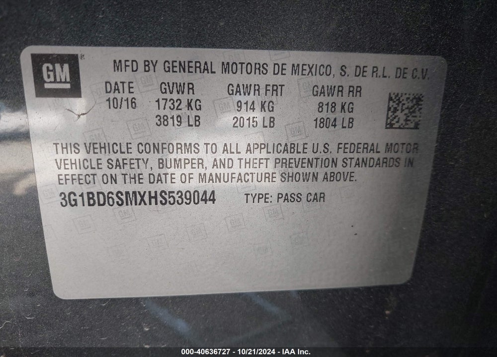 2017 CHEVROLET CRUZE LT MANUAL VIN: 3G1BD6SMXHS539044