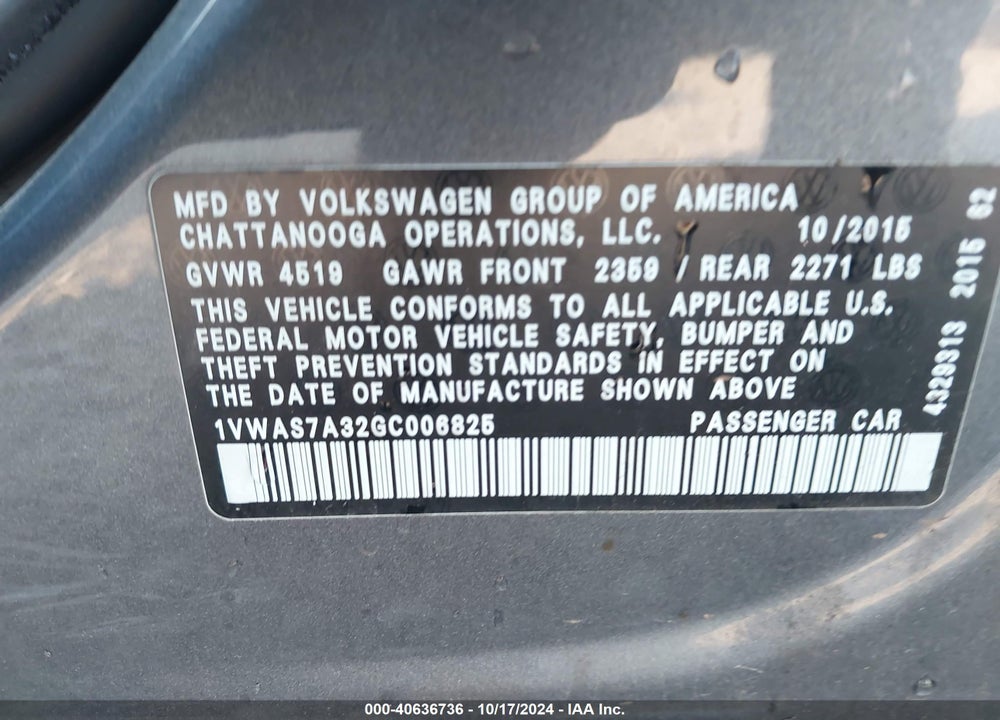 2016 VOLKSWAGEN PASSAT VIN: 1VWAS7A32GC006825