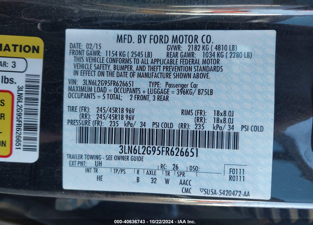 2015 LINCOLN MKZ VIN: 3LN6L2G95FR626651