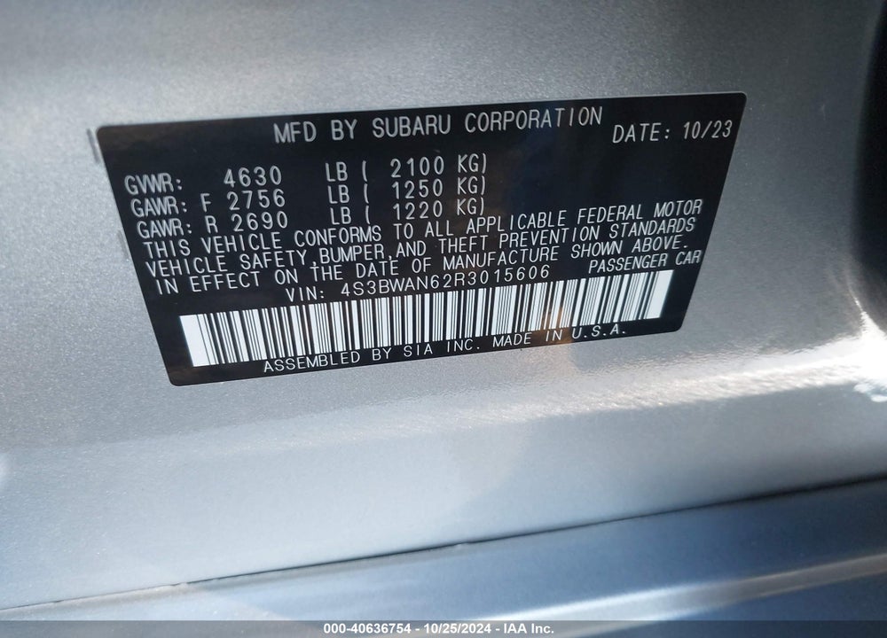 2024 SUBARU LEGACY LIMITED VIN: 4S3BWAN62R3015606