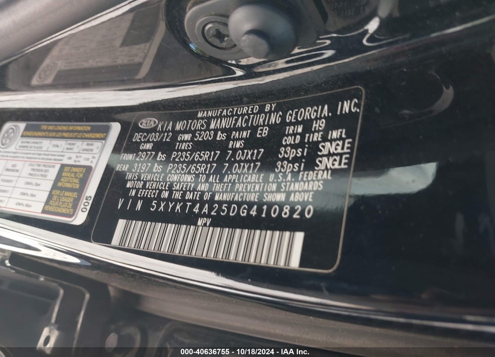 2013 KIA SORENTO LX V6 VIN: 5XYKT4A25DG410820