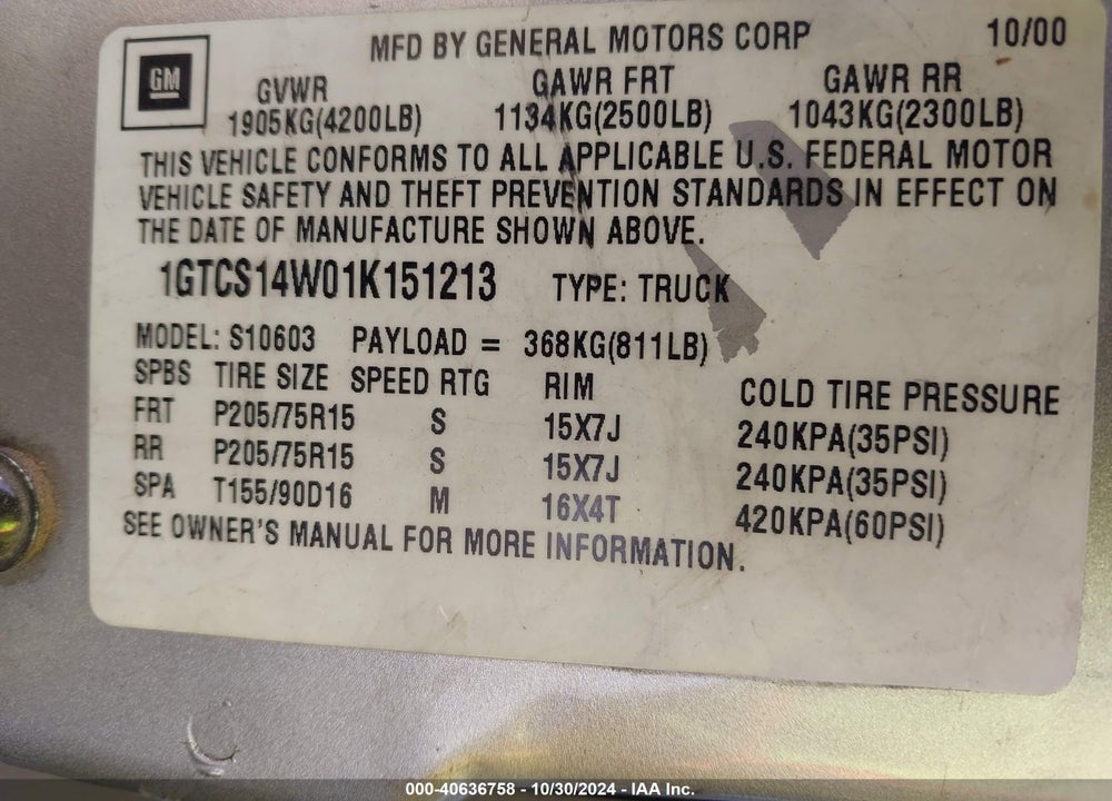 2001 GMC SONOMA SLS VIN: 1GTCS14W01K151213