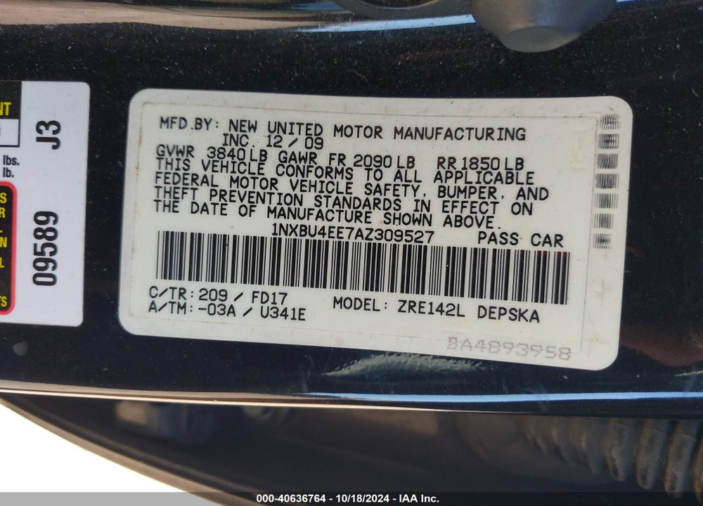 2010 TOYOTA COROLLA S VIN: 1NXBU4EE7AZ309527