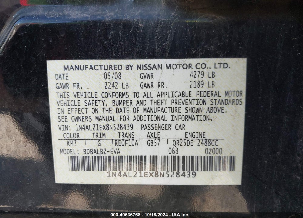 2008 NISSAN ALTIMA 2.5 S VIN: 1N4AL21EX8N528439