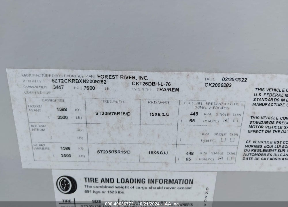 2022 FOREST RIVER OTHER VIN: 5ZT2CKRBXN2009282