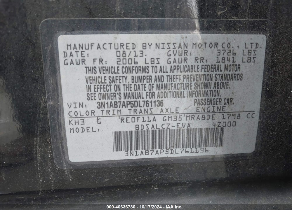 2013 NISSAN SENTRA S VIN: 3N1AB7AP5DL761136