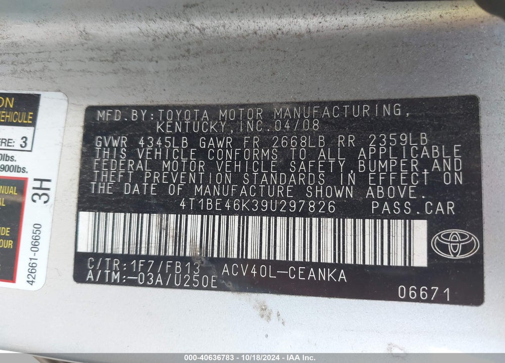 2009 TOYOTA CAMRY LE VIN: 4T1BE46K39U297826
