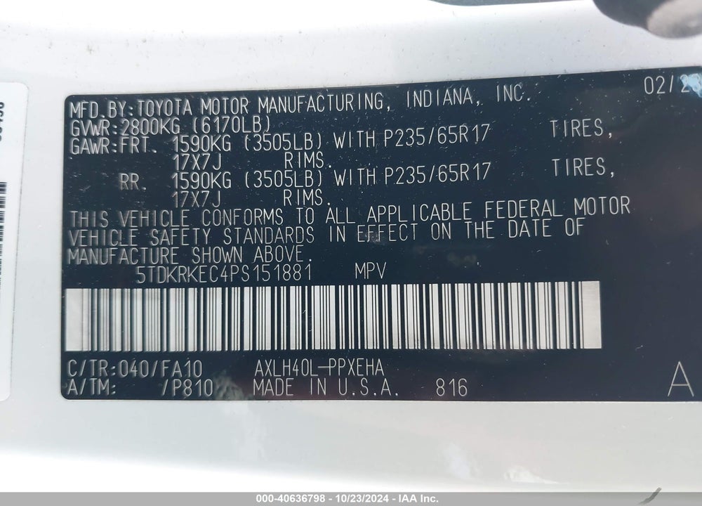 2023 TOYOTA SIENNA LE VIN: 5TDKRKEC4PS151881