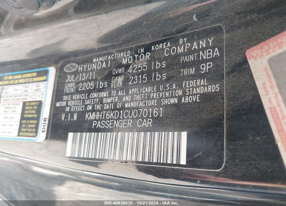2012 HYUNDAI GENESIS VIN: KMHHT6KD1CU070161