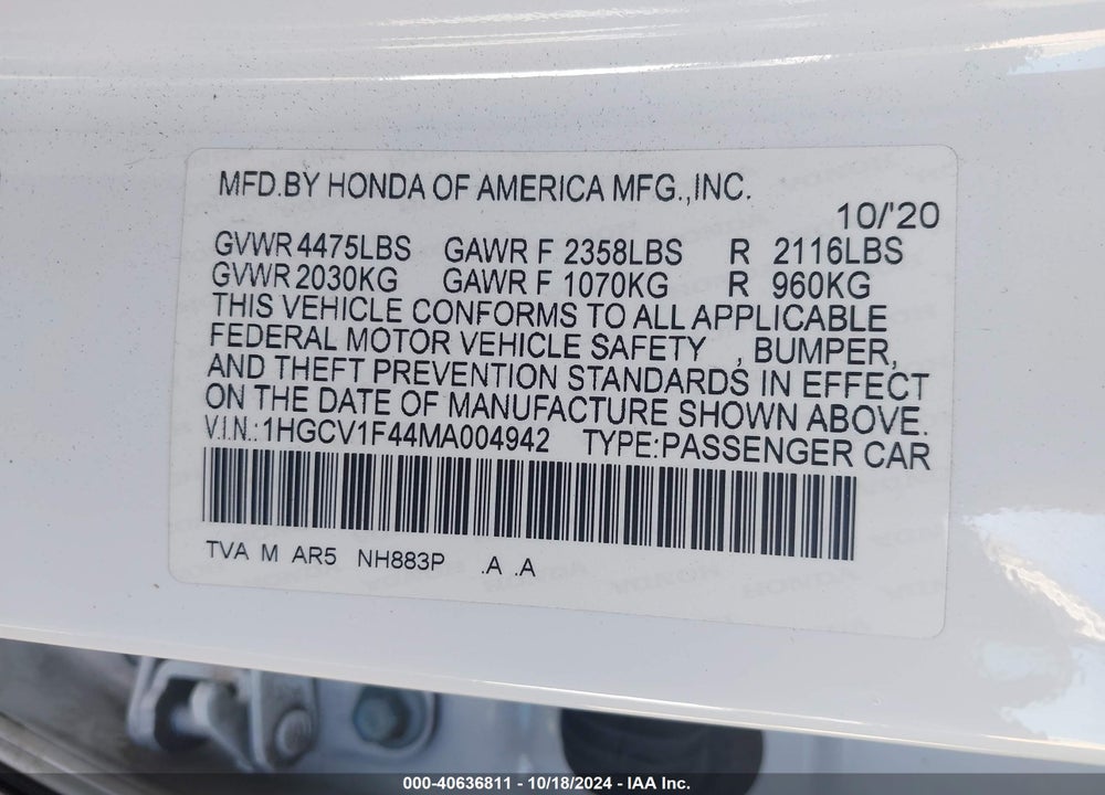 2021 HONDA ACCORD SPORT SPECIAL EDITION VIN: 1HGCV1F44MA004942